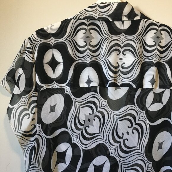 Vintage Monochrome Retro Ogee Cap Sleeve Twist Empress Waist Sheer Chiffon Top - Picture 6 of 16